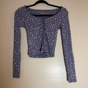Aeropostale Crop Top Womens Sz XS Blue Long Sleeve Floral Tie Front Cottagecore